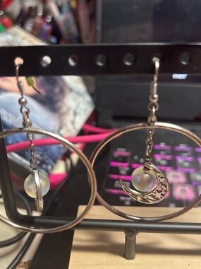 Spencer's Silver-Tone Crescent Moon Hoop Earrings with Iridescent Orbs